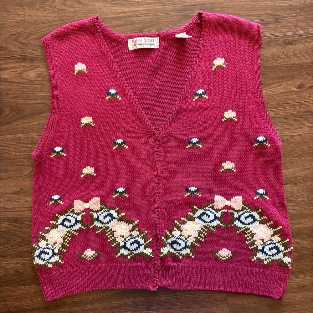 Vintage Karen Scott Pink Floral Women's Sweater Vest Size Large